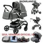 BAZARLAND30. 3-in-1 Kombinuota Vežimėlis, Automobilinė Kėdutė, Lop&scaron;ys Trio, Apverčiamas, Reguliuojamas, Auk&scaron;tos Kokybės, Nepripučiamieji Ratukai. PILKA