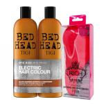 Spalvą saugantis &scaron;ampūno ir balzamas, TIGI Bed Head Colour Goddess Tweens 2x750ml + RICH antistatinis plaukų &scaron;epetys