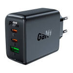 Greitas GaN įkroviklis 2x USB-C USB-A PPS PD QC4+ 65W juodas
