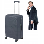 Vidutinio dydžio kietas PP lagaminas 65x43x27 cm, lengvas (3,3 kg), pilkas, su 4 ratukais