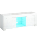 TV spintelė su LED ap&scaron;vietimu, 2 durys, stiklinė lentyna, balta, 1 vnt.