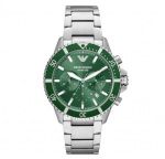 Emporio Armani AR11500 vyri&scaron;kas kvarcinis laikrodis &ndash; 43 mm nerūdijančio plieno korpusas &ndash; žalias ciferblatas &ndash; sidabrinė apyrankė &ndash; atsparus vandeniui iki 100 m.