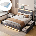 Lova 160&times;200CM, su čiužiniu, 4 stalčiais, tamsiai pilka, lininis audinys