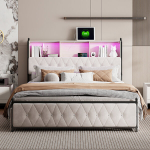 Lova 180x200cm su LED ir USB jungtimis - 4 stalčiais - aksominė - smėlio spalvos
