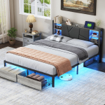 Lova 140x200 cm su LED ir USB jungtimis - su 2 stalčiais ir daiktadėžėmis - juoda