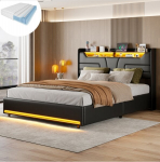 Lova 140&times;200 CM, su čiužiniu, LED ap&scaron;vietimu ir USB sąsaja, hidrauliniu lovos rėmo pakėlimo mechanizmu, juoda, PU