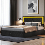 Lova 160 x 200 cm, su LED ap&scaron;vietimu ir daiktadėže, juodas, aksomas
