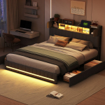 Lova su stalčiais 160x200 cm - LED ir USB jungtys - Galvūgalis su daiktadėže - Lin - Pilka