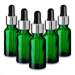 Žalia 20 ml stiklinė butelį su sidabrine aliuminine pipete, silikoniniu siurbtuku &mdash; 5 vnt. rinkinys