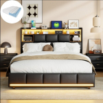 Lovos 160&times;200 cm, įskaitant čiužinį, LED &scaron;viesą ir USB sąsają, laikymo vietą galvūgalyje, Hidraulinis pakeliamas lovos rėmas, juodą, PU