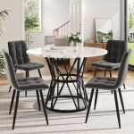 Valgomojo stalo komplektas 5 vnt, apvalus stalas &Oslash;100 cm, juodos metalinės kojos, marmuro MDF, pilkos aksominės kėdės