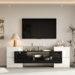 TV spintelė 200 cm su LED ap&scaron;vietimu ir stiklo pavir&scaron;iumi, balta/juoda