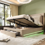 Polsteriuota LED lova 140x190 cm, hidraulinė, 2 stalčiai, LED, aksomas, beige, be čiužinio