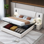 Polsteriuota lova 180x200 cm, hidraulinė, aksomas, USB, skaitymo lempa, beige
