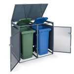 Lauko 2 x 240L konteinerių pastogė, cinkuotas metalas, su užrakinamomis durimis ir pakeliamu dangčiu, pilka, Lauko 2 x 240L konteinerių pastogė, cinkuotas metalas, su užrakinamomis durimis ir pakeliamu dangčiu, pilka
