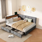 Sofa-lova, 140x200 cm, apmu&scaron;ta, su USB jungtimi įkrovimui ir LED ap&scaron;vietimu, su 2 stalčiais, Pilka lininė, Be čiužinio