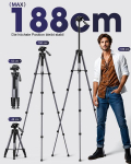 Polam-foto kameros trikojis, 188 cm, kelioninis trikojis su ne&scaron;iojimo krep&scaron;iu, trikojo galvutės, aliumininis, skirtas veidrodiniams/dslr/telefonams/vaizdo kameroms, tvirtas stovas, (svoris 1,27 kg, apkrova 3,99 kg) pilkas