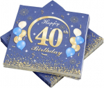 Kasure 50 vnt. dekoratyvinių servetėlių 40-ojo gimtadienio proga berniukui su "happy Birthday" konfeti, 33 x 33 cm, 40-ojo gimtadienio dekoravimo servetėlės gimtadienio vakarėliui, mėlynos ir auksinės spalvos 40-ojo gimtadienio mergaitei berniukui ju ...