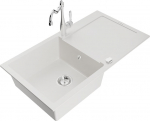 Granitinė virtuvinė plautuvė Mexen Leo su mai&scaron;ytuvu ir sifonu, White+Chrome