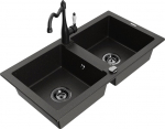 Granitinė virtuvinė plautuvė Mexen Mario su mai&scaron;ytuvu ir sifonu, Metallic black/gold+Black