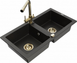 Granitinė virtuvinė plautuvė Mexen Mario su mai&scaron;ytuvu ir sifonu, Metallic black/gold+Gold