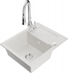 Granitinė virtuvinė plautuvė Mexen Enzo su mai&scaron;ytuvu ir sifonu, White+Chrome