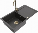 Granitinė virtuvinė plautuvė Mexen Leo su mai&scaron;ytuvu ir sifonu, Black granite+Gold