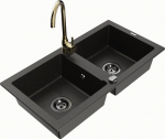 Granitinė virtuvinė plautuvė Mexen Mario su mai&scaron;ytuvu ir sifonu, Metallic black/gold+Gold