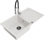 Granitinė virtuvinė plautuvė Mexen Leo su mai&scaron;ytuvu ir sifonu, White+Black/Chrome