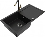 Granitinė virtuvinė plautuvė Mexen Leo su mai&scaron;ytuvu ir sifonu, Black+Black/Gold