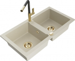 Granitinė virtuvinė plautuvė Mexen Mario su mai&scaron;ytuvu ir sifonu, Beige+Black/Gold