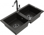 Granitinė virtuvinė plautuvė Mexen Mario su mai&scaron;ytuvu ir sifonu, Metallic black/gold+Black/Chrome