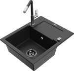 Granitinė virtuvinė plautuvė Mexen Enzo su mai&scaron;ytuvu ir sifonu, Metallic black/silver+Black/Chrome