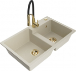 Granitinė virtuvinė plautuvė Mexen Tomas su mai&scaron;ytuvu ir sifonu, Beige+Black/Gold