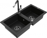Granitinė virtuvinė plautuvė Mexen Mario su mai&scaron;ytuvu ir sifonu, Black+Black/Chrome