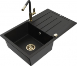 Granitinė virtuvinė plautuvė Mexen Bruno su mai&scaron;ytuvu ir sifonu, Black+Black/Gold