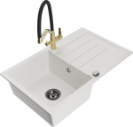 Granitinė virtuvinė plautuvė Mexen Bruno su mai&scaron;ytuvu ir sifonu, White+Black/Gold