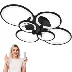 Juodas LED lubų &scaron;viestuvas 72W &ndash; didelis lofto stiliaus plafonas su pultu, 6 žiedai