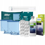 2 vnt. &bdquo;Sillar&ldquo; filtrų rinkinys, riebalų &scaron;alinimo tabletės, &bdquo;Philips&ldquo; 250 ml kalkių &scaron;alinimo priemonė, valymo lazdelė.