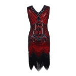 Moteri&scaron;ka Gatsby stiliaus suknelė Saitdress, raudona/juoda, suknelė su blizgučiais ir kutais 1920-ųjų stiliumi