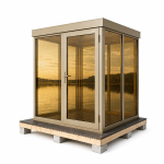 Stiklinė sauna &ndash; su aliuminio rėmu, moderni ir atspari oro sąlygoms, aukso spalvos.