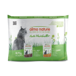 Kačių maistas su jautiena ir vi&scaron;tiena Almo Nature Holistic Funkcinis Anti-Hairball Multipack, skirtas kontroliuoti plaukų gumulėlių susidarymą vir&scaron;kinamajame trakte 6x70 g