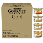Purina Gourmet Gold jautienos, vi&scaron;tienos, la&scaron;i&scaron;os, kalakutienos gabaliukai padaže, 96x85g