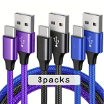 Blizgus USB-C įkrovimo laidas, 3 pakuotės-mėlyna-violetinė-juoda