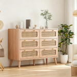 Komoda su 6 stalčiais, rotango indauja, natūralios medienos spalva, 100 &times; 34 &times; 73 cm