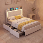 Viengulė lova 90x200 cm, su dviem stalčiais, LED ap&scaron;vietimu ir USB įkrovimu, smėlio, aksominė