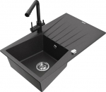Granitinė virtuvinė plautuvė Mexen Cesar su mai&scaron;ytuvu ir sifonu, Black granite/Black
