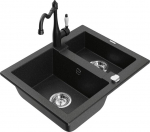 Granitinė virtuvinė plautuvė Mexen Carlos su mai&scaron;ytuvu ir sifonu, Metallic black/silver+Black