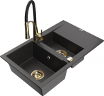 Granitinė virtuvinė plautuvė Mexen Gaspar su mai&scaron;ytuvu ir sifonu, Black granite/Black/Gold