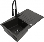 Granitinė virtuvinė plautuvė Mexen Cesar su mai&scaron;ytuvu ir sifonu, Metallic black/gold/black